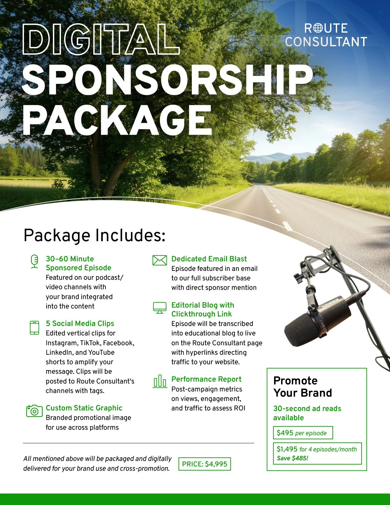 A promotional flyer for a digital sponsorship package featuring a scenic landscape with a tree-lined road, and a microphone on a stand.