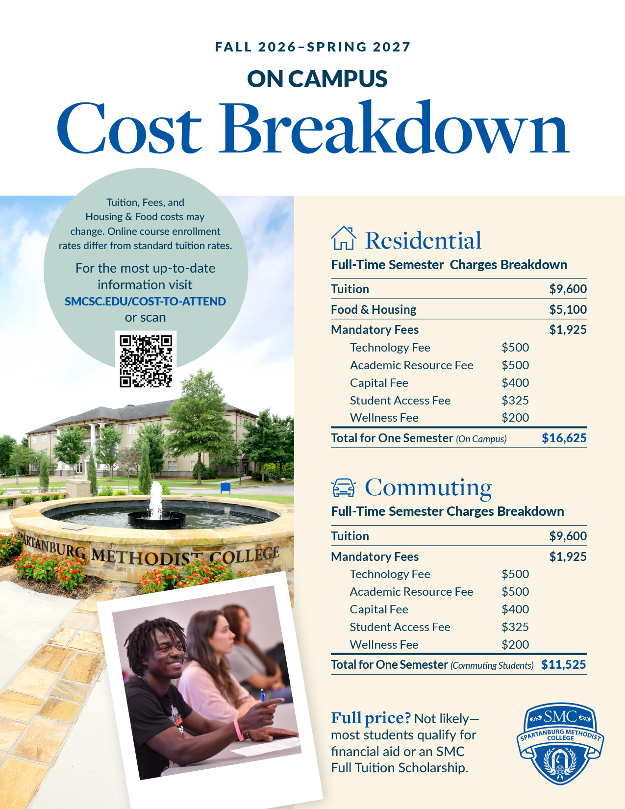 Cost breakdown infographic for Spartanburg Methodist College for fall 2026 and spring 2027, featuring tables of tuition, fees, and total costs for residential and commuting students, with a photo of students and the campus fountain.