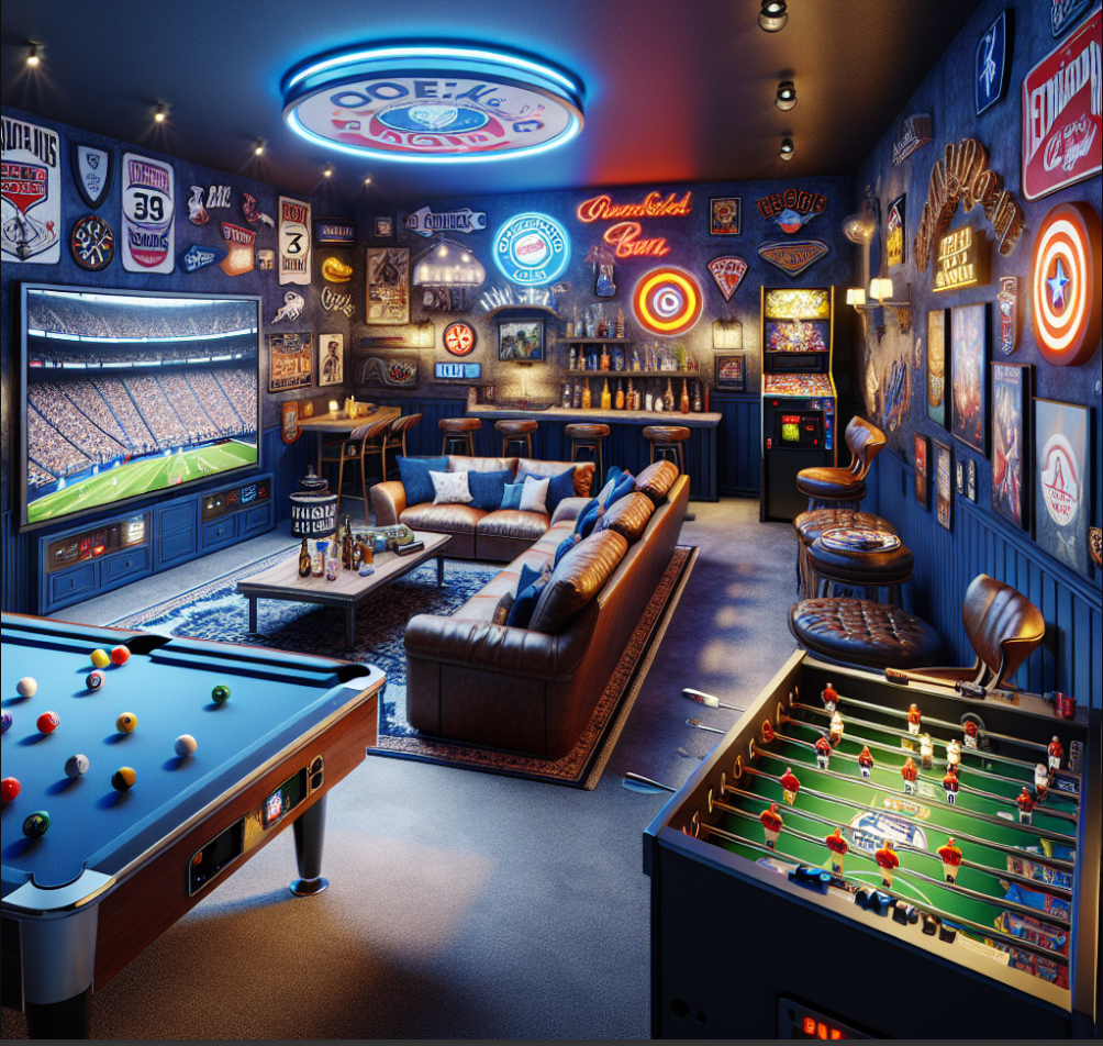A lively basement game room decorated with sports memorabilia, neon signs, and a TV showing a football game. The room includes a pool table, foosball table, seating area with a sofa and bar stools, and a bar with bottles. The walls are adorned with various sports-related signs and artwork, creating a cozy, entertainment-focused atmosphere.