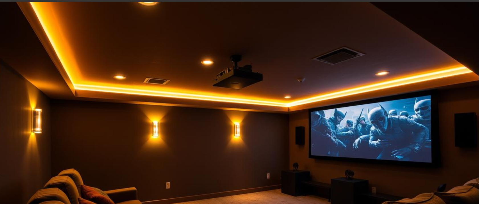 Home theater room with dark walls, a large screen displaying a group of soldiers in combat gear, wall-mounted lights, beige sofas, and ceiling with recessed lighting and LED strip lights.