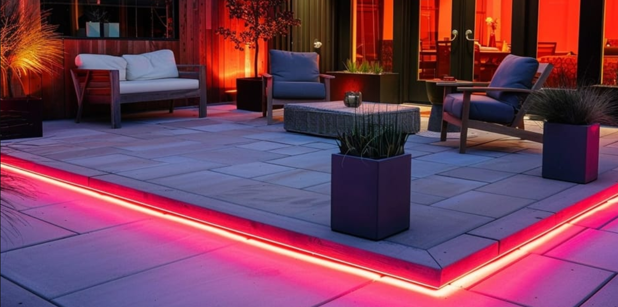 Outdoor patio seating area with modern furniture, potted plants, and vibrant pink and red LED lighting outlining the patio edge at night.