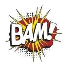 Comic book style explosion with the word 'BAM!' in bold letters.