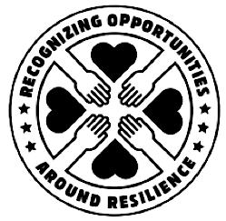 A circular logo with four hands reaching towards the center, blooming hearts, and the text 'Recognizing Opportunities Around Resilience' surrounding the design.
