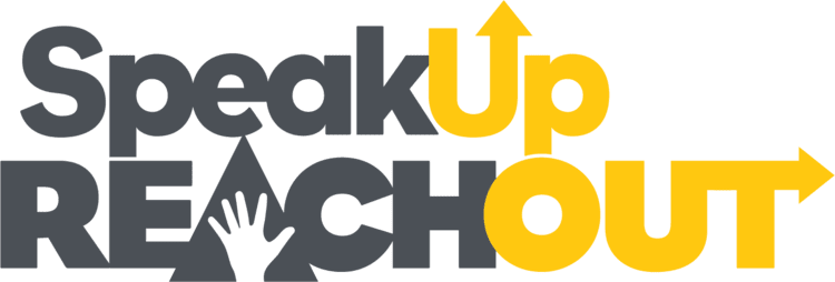Graphic with the words "Speak Up" in black and yellow, and "REACH OUT" in black and yellow, featuring arrows and a hand icon.