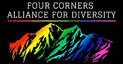 Logo with a stylized mountain range in rainbow colors above the text 'Four Corners Alliance for Diversity' on a black background.