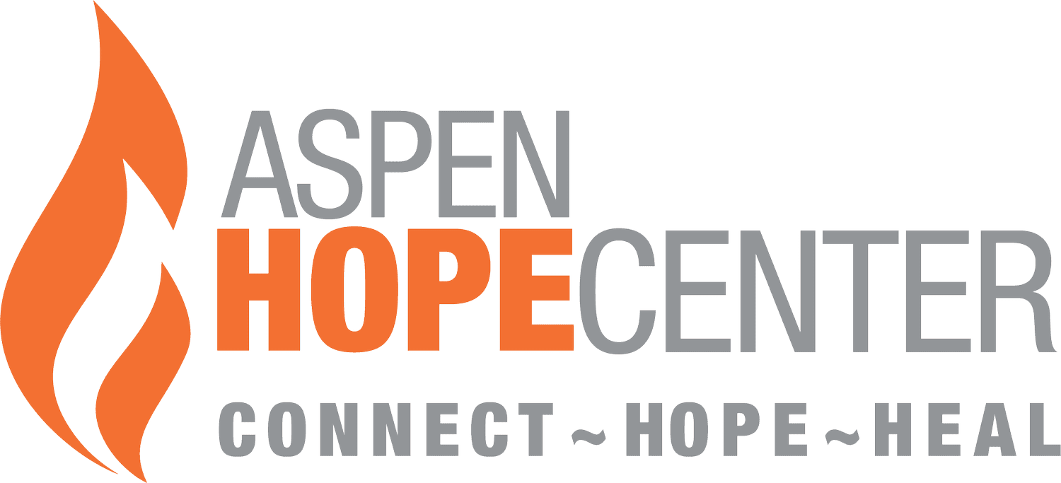 Logo for Aspen Hope Center with stylized flame graphic, the words 'Aspen Hope Center' and the tagline 'Connect ~ Hope ~ Heal'.