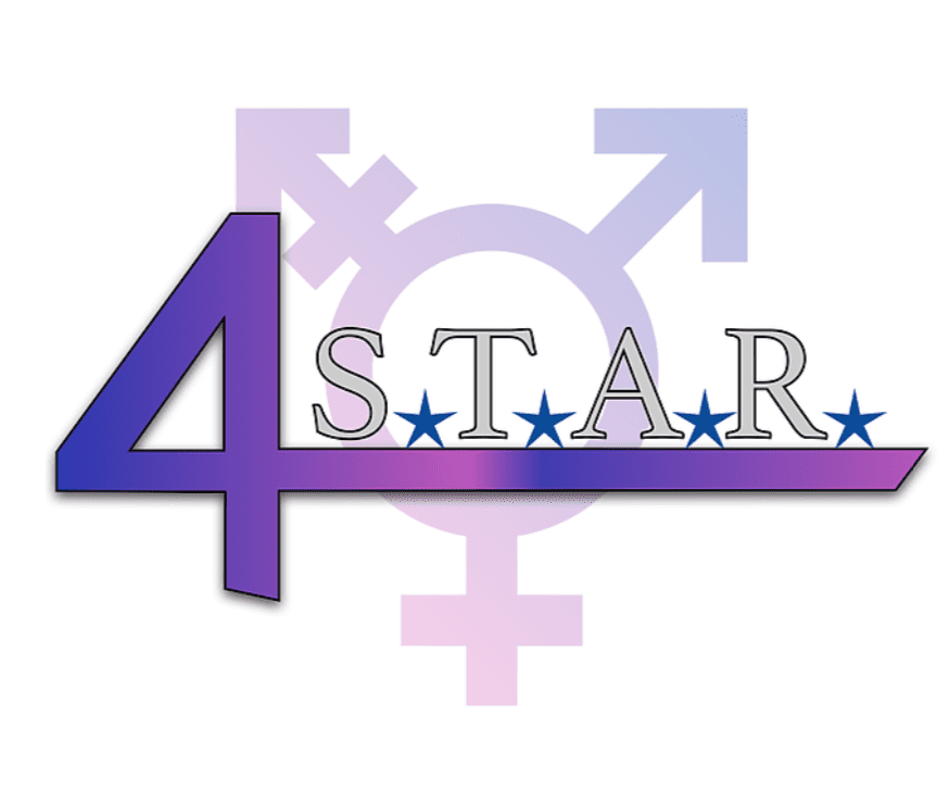 A purple and black logo with the number 4, the word STAR, and female gender symbols in the background.