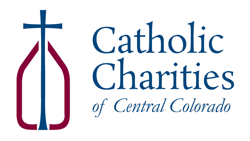 Logo for Catholic Charities of Central Colorado featuring a cross and stylized shield design with text.