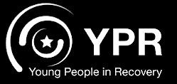Logo for YPR, Young People in Recovery, with spiral and star design on black background.