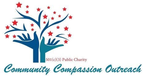 Blue tree with red stars and hands reaching upward, representing community and outreach.