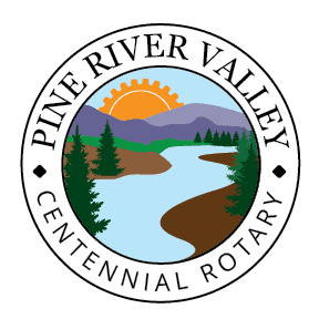 Logo of Pine River Valley Centennial Rotary featuring a scenic landscape with a river, mountains, trees, and a setting sun.