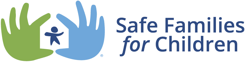 Logo of Safe Families for Children showing two large hands, one green and one blue, forming a protective frame around a small figure of a child.