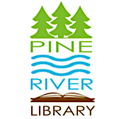 Logo of Pine River Library featuring three pine trees, blue water waves, and a brown book.