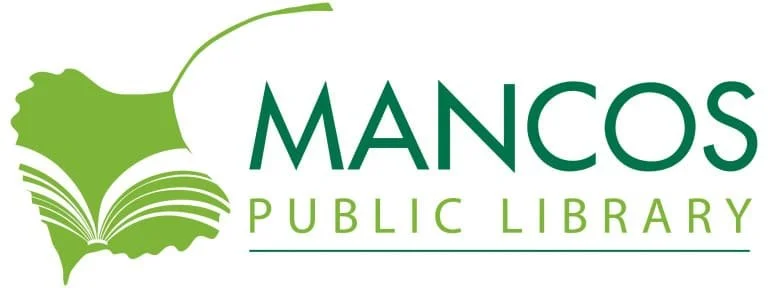 Logo of the Mancos Public Library featuring a green outline of Colorado with an open book.