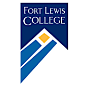 Fort Lewis College logo with blue background and geometric design.