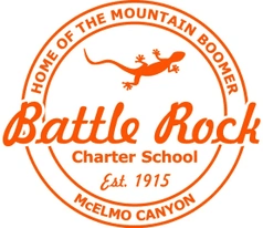 Logo for Battle Rock Charter School, established 1915, located at the home of the mountain boomer, Melmo Canyon, featuring an orange circular design with a lizard in the center.