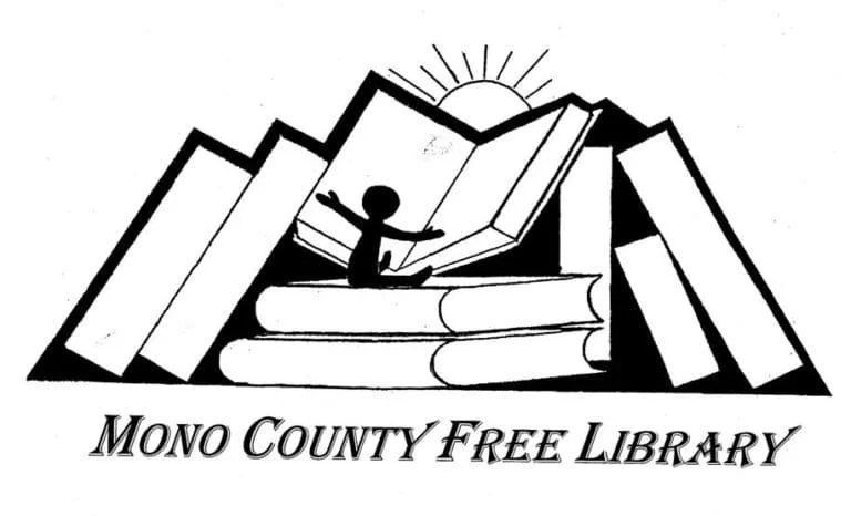 Logo for Mono County Free Library featuring stylized books, a figure reading, a rising sun, and the library name.