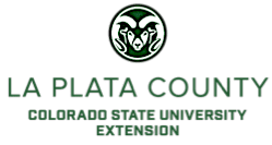Logo of La Plata County Colorado State University Extension featuring a ram's head above text.
