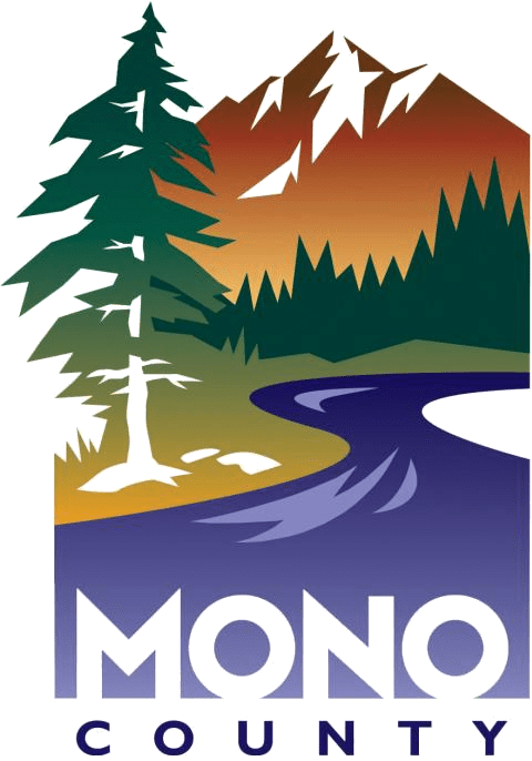 Stylized logo of Mono County featuring pine trees, mountains, a river, and a sunset or sunrise background.