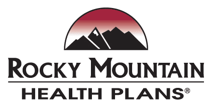 Logo of Rocky Mountain Health Plans featuring black mountain peaks and a red sky background.