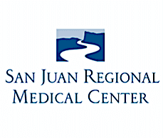 Logo of San Juan Regional Medical Center, featuring a stylized blue river and flag icon with the name below.