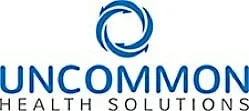 Uncommon Health Solutions logo with blue circular arrow symbol and text.