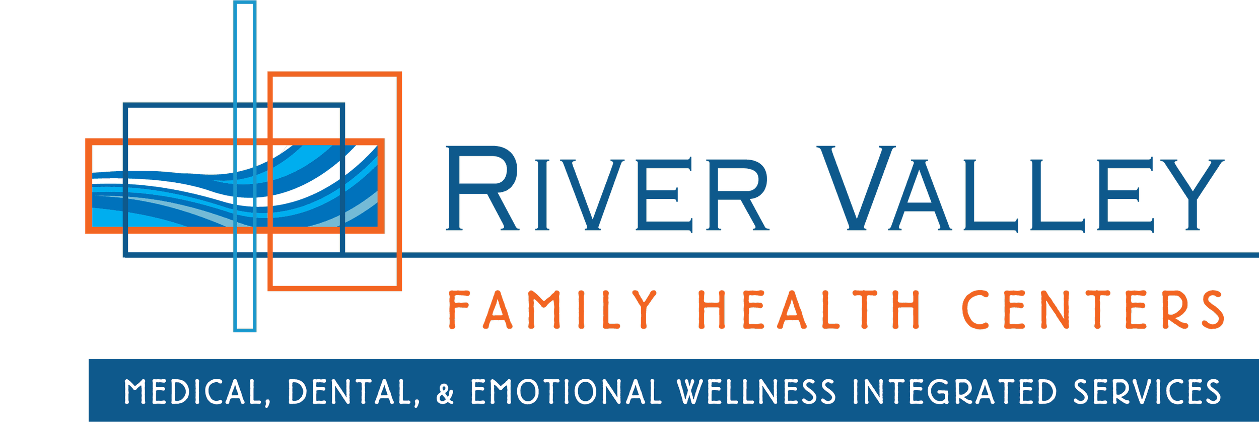 River Valley Family Health Centers logo with abstract blue water and overlapping square outlines, text indicating medical, dental, and emotional wellness services.