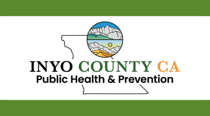 Logo of Inyo County, California, featuring a mountain, sun, and desert scene within a circular emblem, with text 'INYO COUNTY CA', 'Public Health & Prevention'.