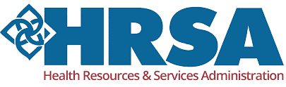 HRSA logo with blue text and a celtic knot symbol, and red tagline 'Health Resources & Services Administration'.