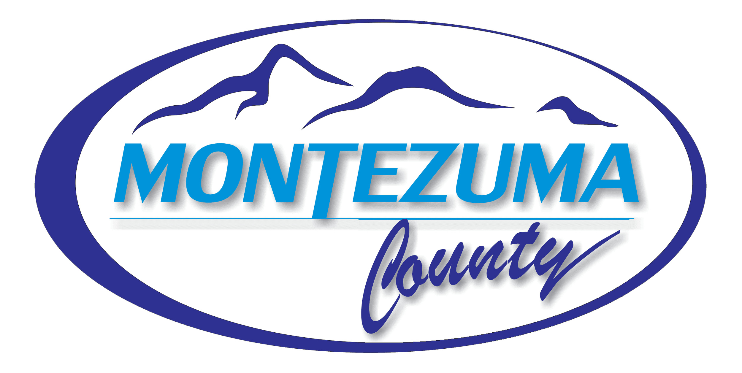 Logo for Montezuma County featuring mountains and the text 'Montezuma County' in blue and black