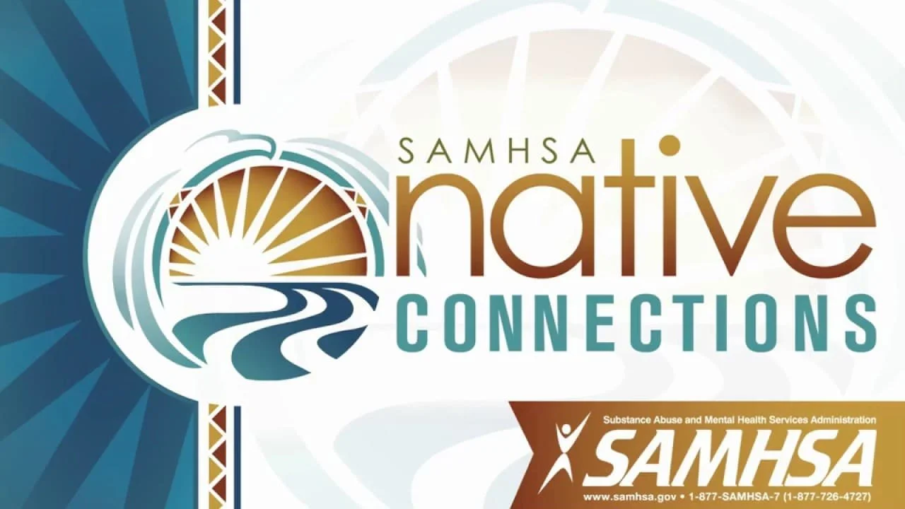 Logo for SAMHSA Native Connections with a sunset, river, and sun design, and the SAMHSA and Native Connections branding