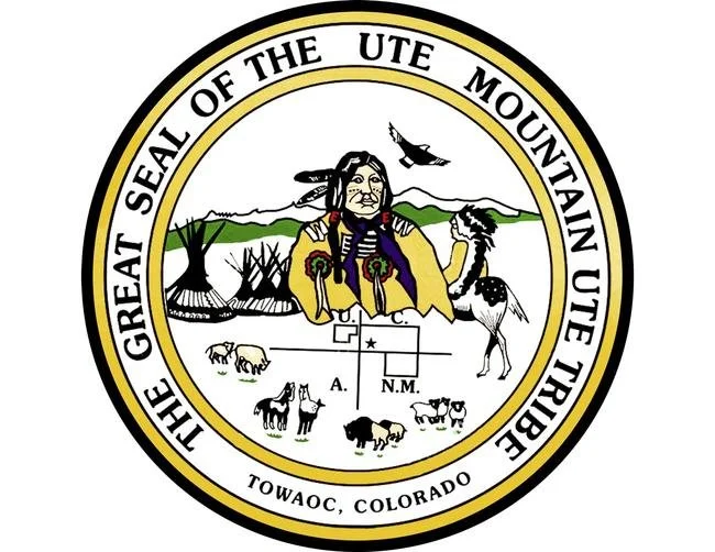 Seal of the Ute Mountain Ute Tribe showing a Native American woman with long dark hair, surrounded by symbols including a tipi, a buffalo, and a landscape with mountains, and the text "The Great Seal of the Ute Mountain Ute Tribe" and "Towaoc, Colora