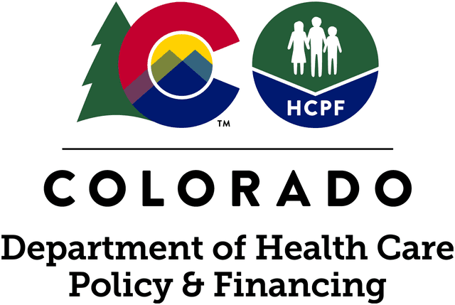 Logo of Colorado Department of Health Care Policy and Financing featuring a green pine tree, colorful circle, and family icon with HCPF initials, and text indicating Department of Health Care Policy & Financing.
