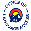 Seal of the Office of Language Access, featuring a stylized mountain, sun, and star within a circular border.