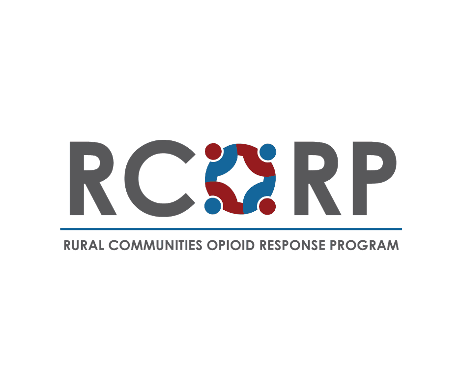 Logo for the Rural Communities Opioid Response Program (RCORP) with stylized interconnected circle design in red and blue, and the program's name in gray text.