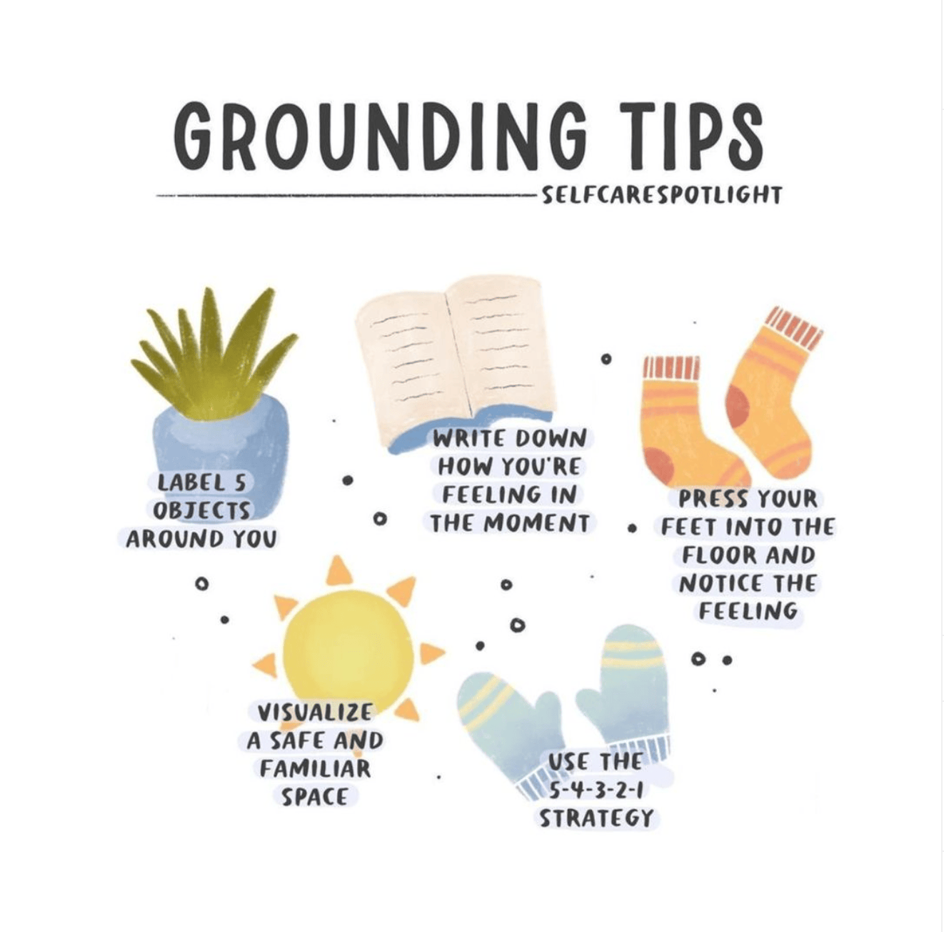Grounding Tips from Selfcarespotlight. A list of 5 tips: label objects around you, write down how you're feeling, press your feel into the floor, visualize a safe/familar space, use the 5-4-3-2-1 strategy.