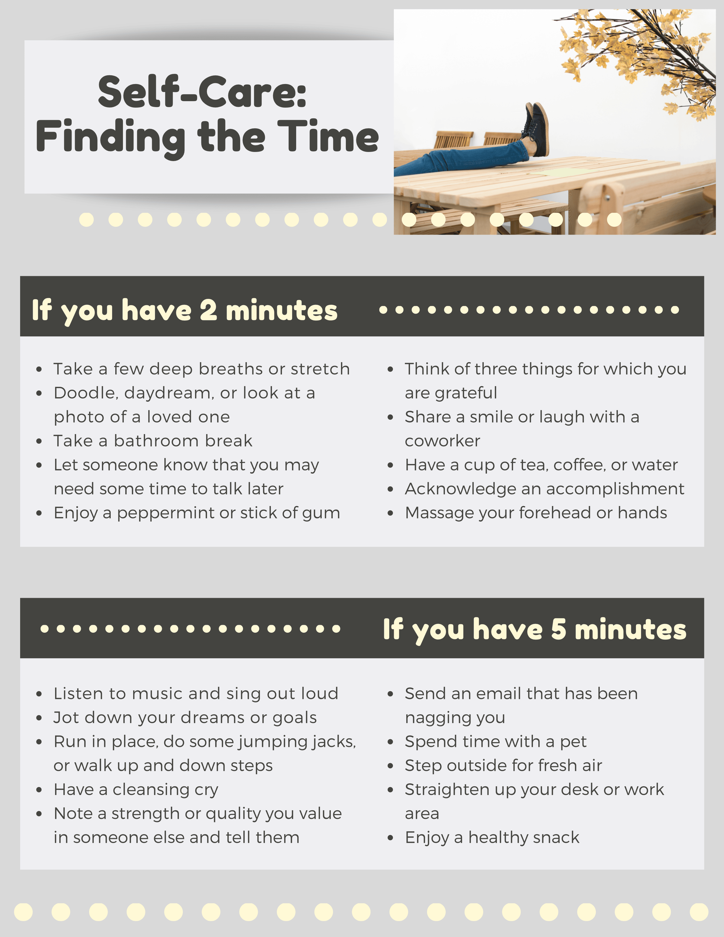 Self-care tips infographic with a photo of a person lying on a wooden surface, with a branch of yellow leaves nearby. The infographic provides suggestions for small self-care activities for 2, 5, and more minutes.