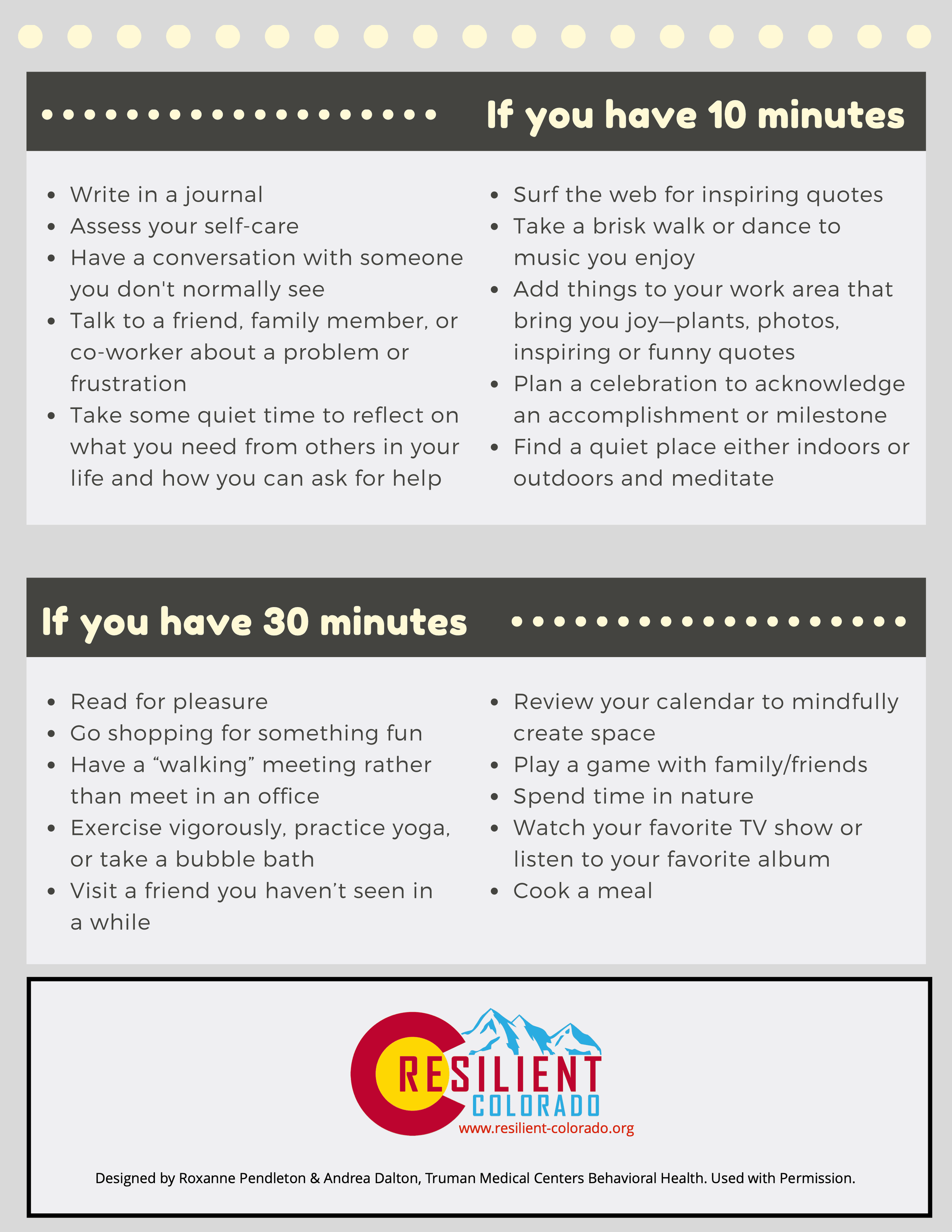 A guide with activity suggestions for 10-minute and 30-minute intervals, including journaling, self-care, outdoor walks, reading, and spending time in nature. The guide is from Resilient Colorado and includes their logo and website.