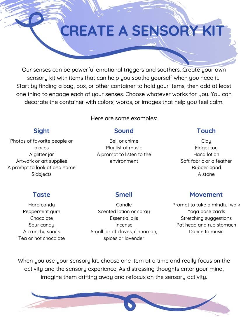 Create a sensory kit poster with tips and examples for engaging the senses, including sight, sound, touch, taste, smell, and movement, featuring a decorative blue and pink header.