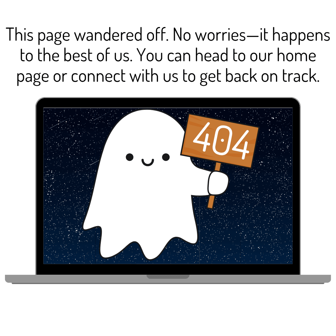 A cartoon ghost holding a sign with '404' against a starry night sky on a computer screen.