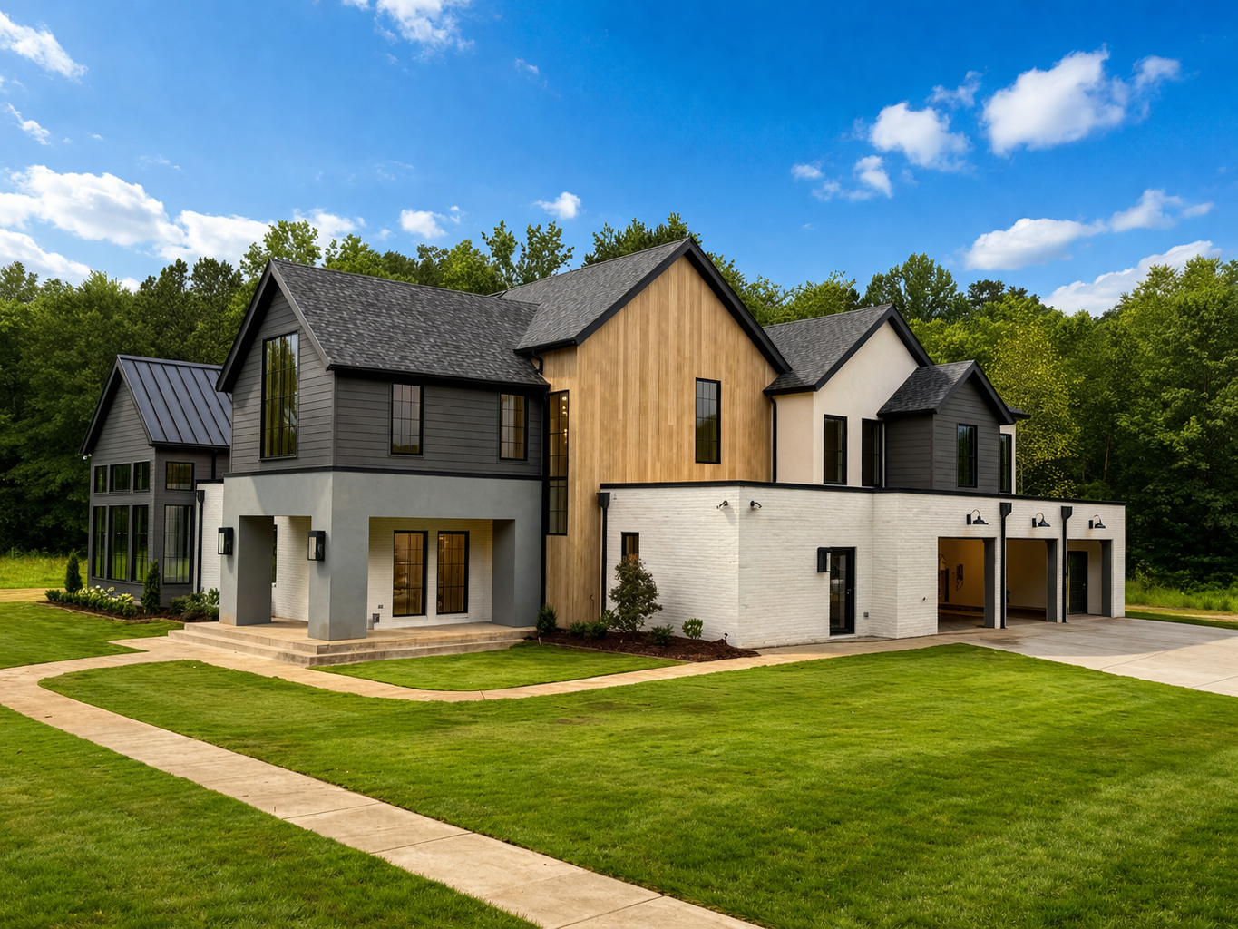 modern farmhouse exterior custom luxury home design white brick house with wood siding black window modern home new construction custom home high-end residential architecture board and batten farmhouse