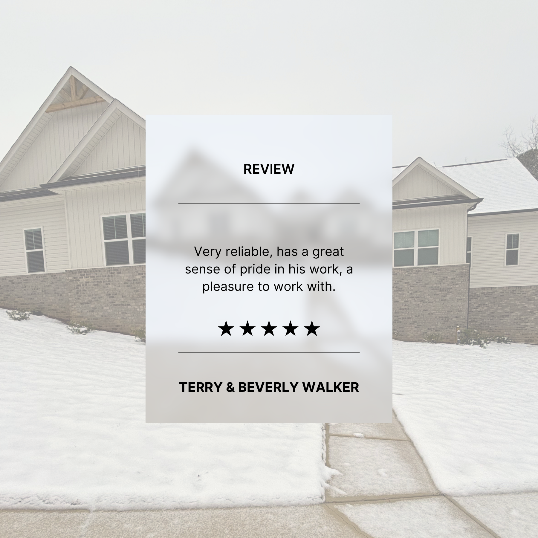 Review of a construction or home improvement service, with a blurred image of a white house and snow in the background.