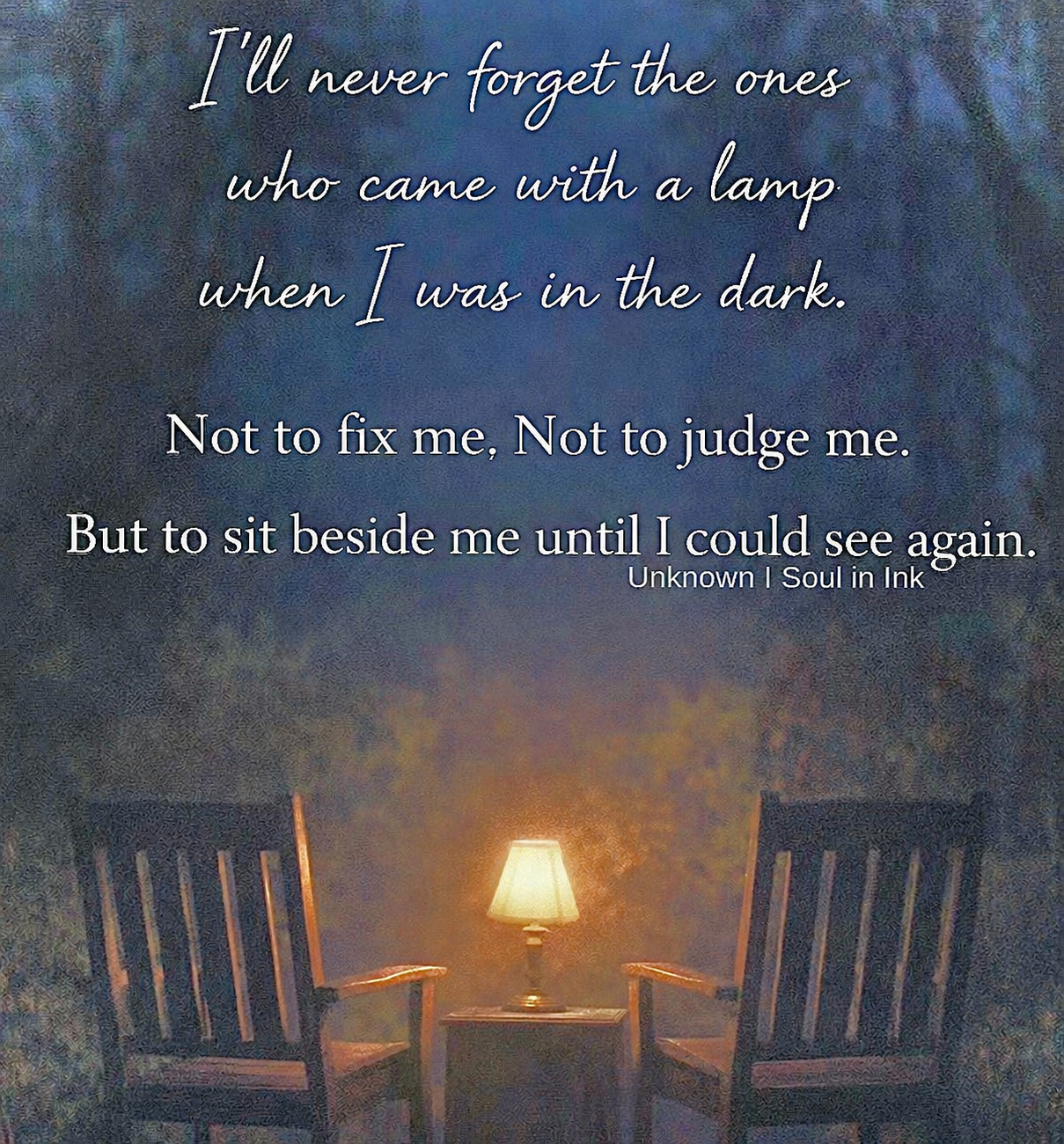 A quote about darkness and light on a textured blue background with two wooden chairs and a small table with a lit lamp between them.