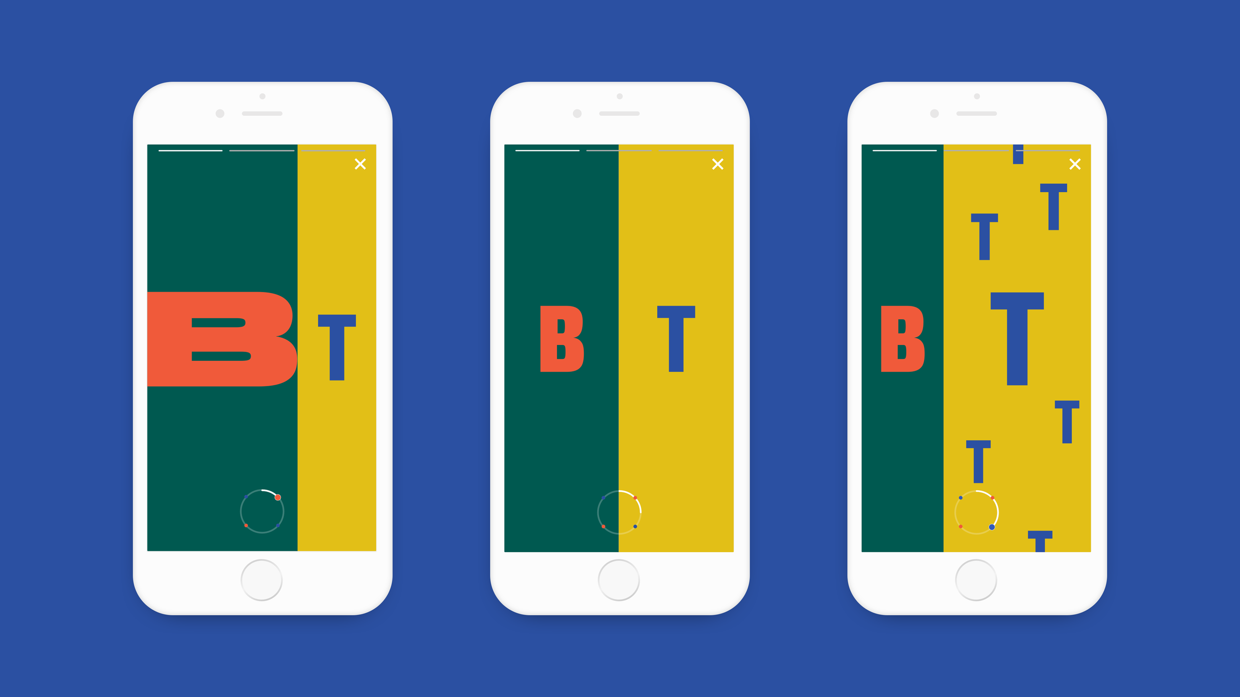 Three smartphone prototypes displaying a colorful game with blocks titled 'B' and 'T' on the screens, set against a blue background.