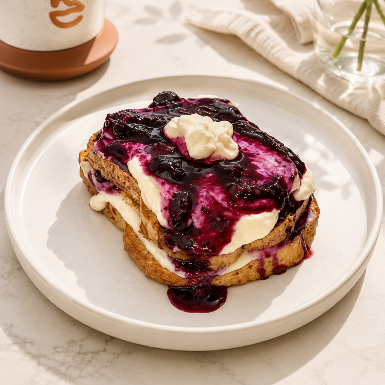 Slice of French toast topped with blueberry compote and whipped cream on a white plate.