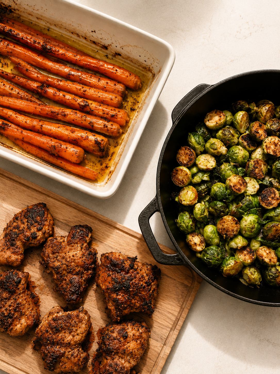 Roasted carrots with herbs in a white baking dish, charred brussels sprouts in a black skillet, and glazed chicken wings with sesame seeds on a wooden cutting board.