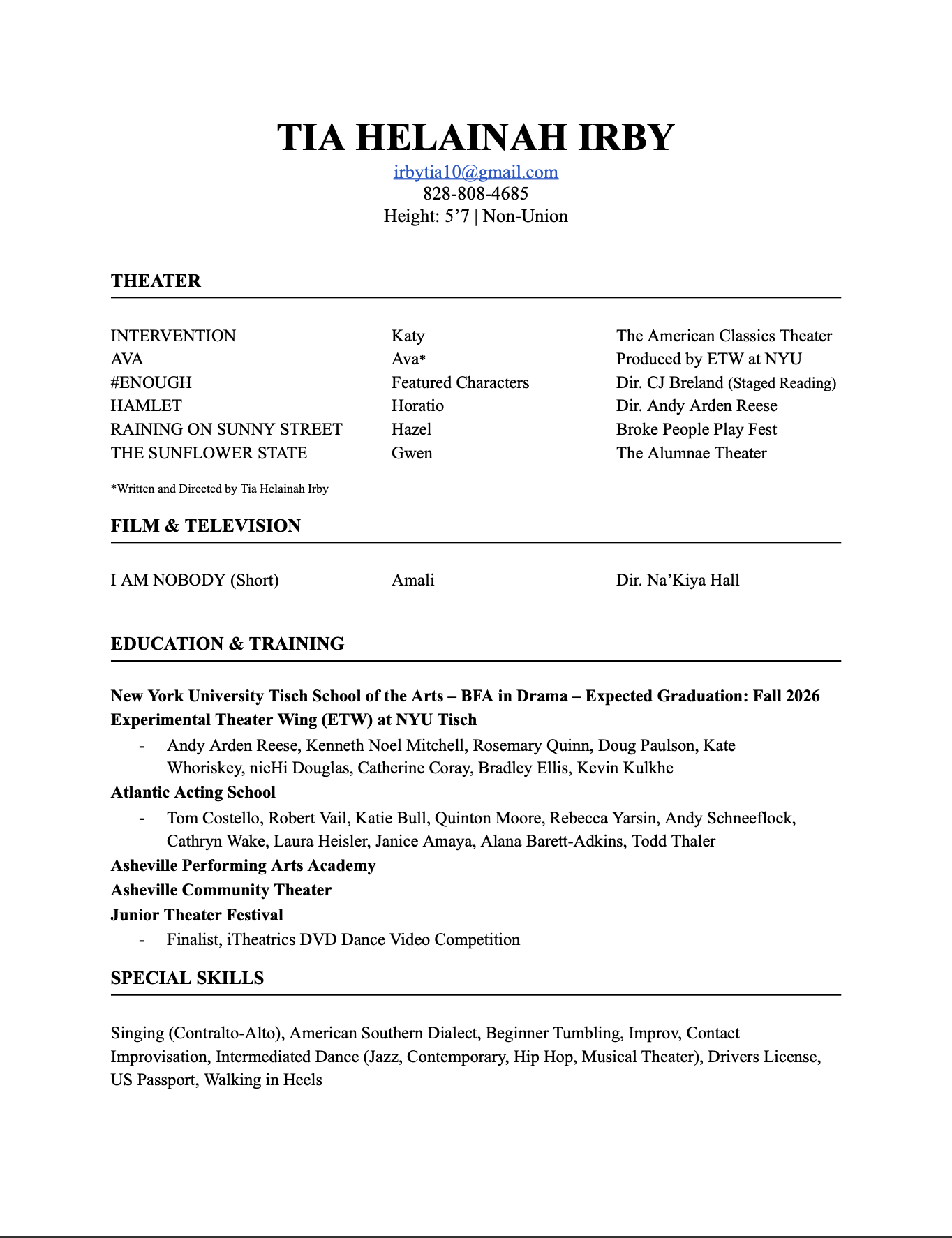 Image of Tia Irbys Actor resume