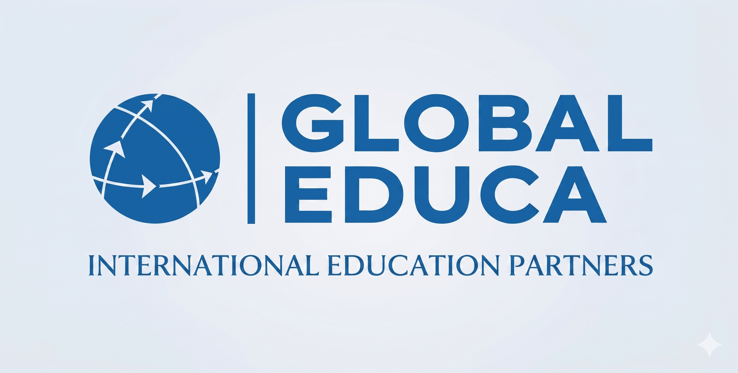 Logotipo en azul con un globo terráqueo y flechas en movimiento junto a las palabras 'Global Educa' y 'International Education Partners' en color azul.