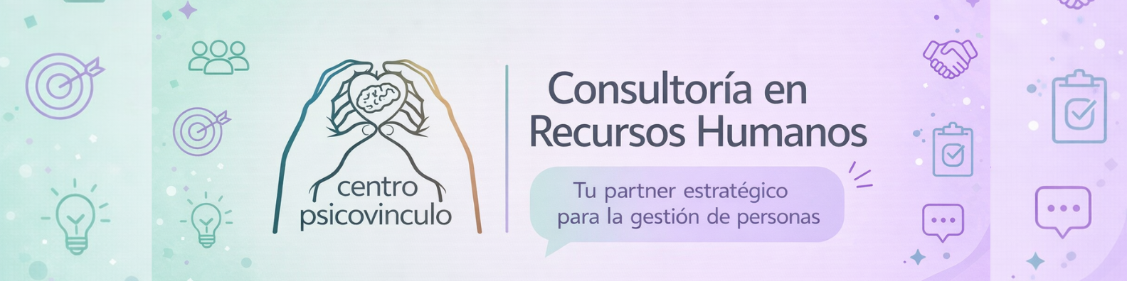 Logotipo de un centro de psicología y recursos humanos con texto que dice 'Consultoría en Recursos Humanos' y una frase que dice 'Tu partner estratégico para la gestión de personas' en un fondo colorido con iconos de ideas, checklists y globos de diálogo.