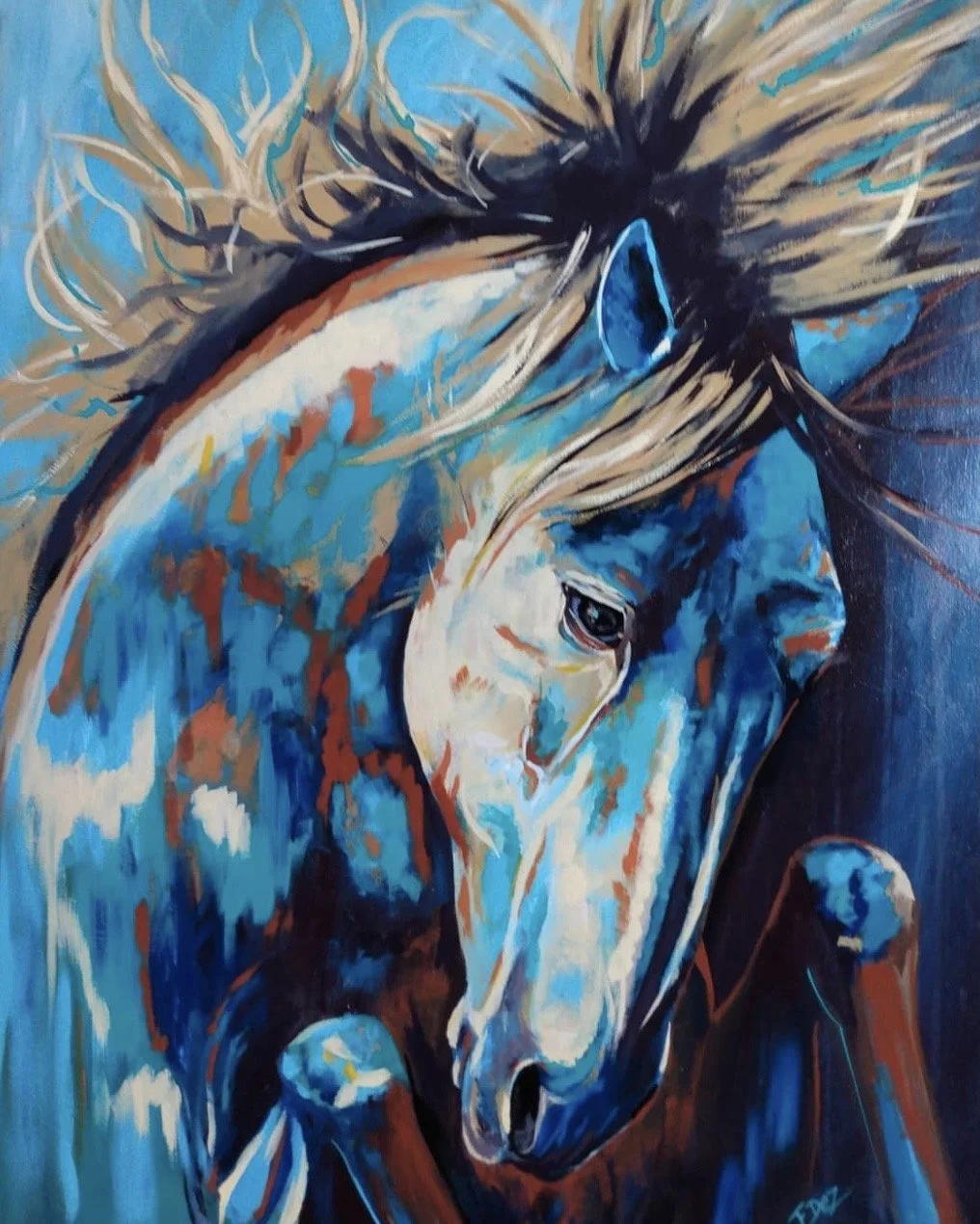 A vibrant abstract painting of a horse with a mane, using blue, brown, and beige tones.